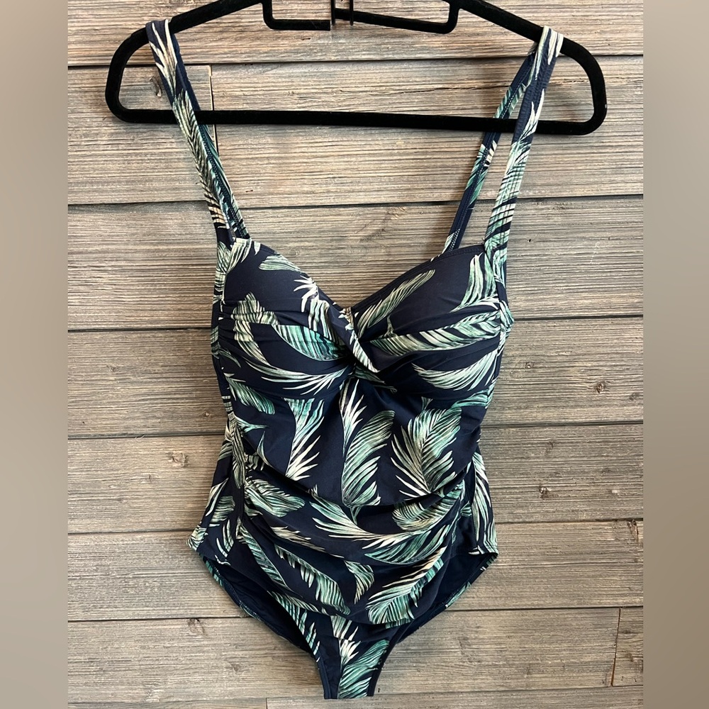 Leaf-Print Navy One-Piece Swimsuit with Ruched Front Multi Fit Cup